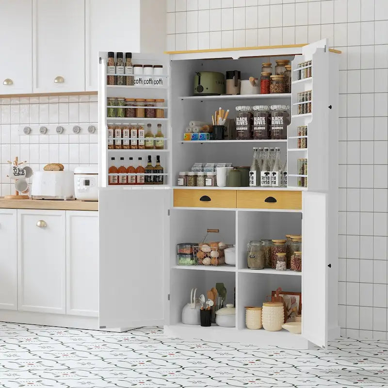 Dispensa da Cucina Autoportante a 4 Ante Grigia/Bianca/Crema con 2 Cassetti e Ripiani Regolabili