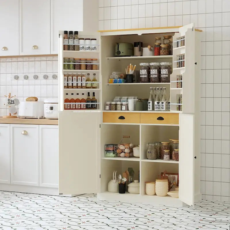Dispensa da Cucina Autoportante a 4 Ante Grigia/Bianca/Crema con 2 Cassetti e Ripiani Regolabili