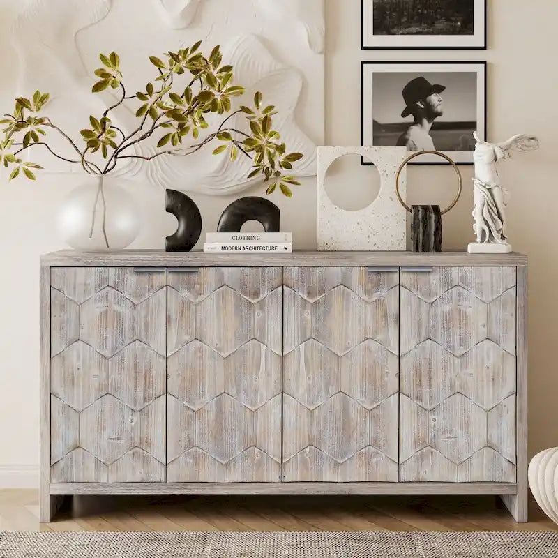 Mobile Credenza a 4 Ante in Legno, Stile Rustico, Finitura Legno Naturale / Nero Anticato, Per 1 Spazio