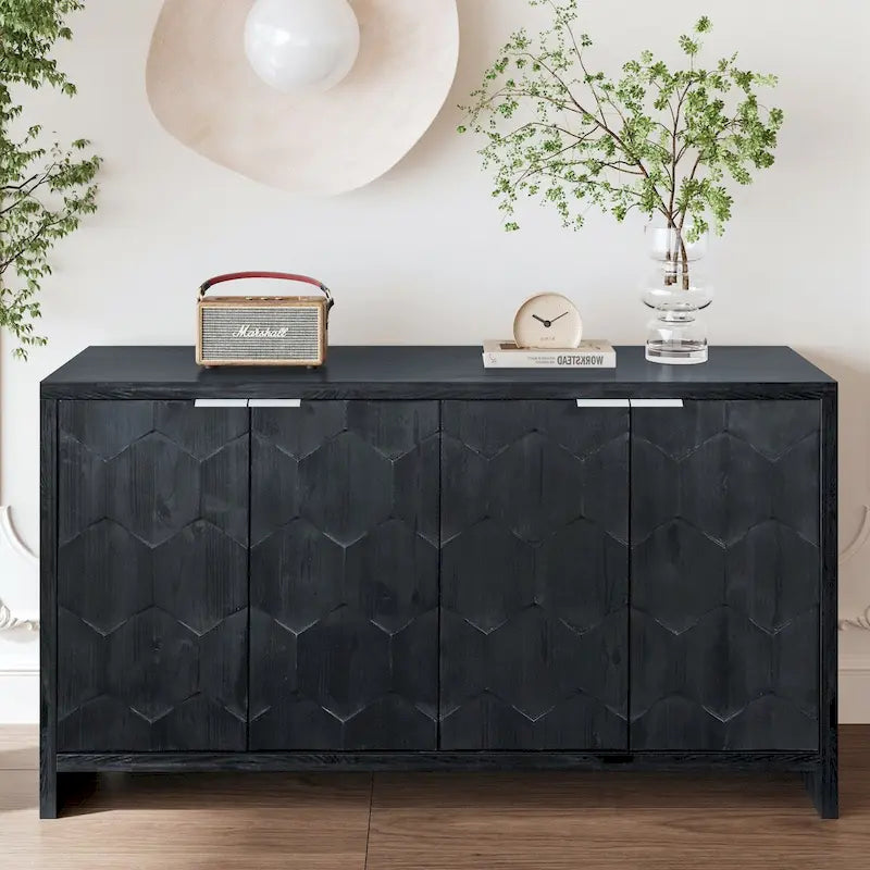 Mobile Credenza a 4 Ante in Legno, Stile Rustico, Finitura Legno Naturale / Nero Anticato, Per 1 Spazio