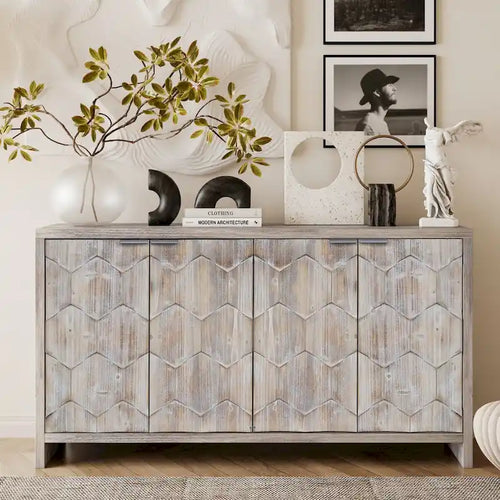 Accent Cabinet Farmhouse Style 4 Door Wooden Cabinet Sideboard Buffet Server Cabinet Storage Cabinet, for Living Room, Entryway