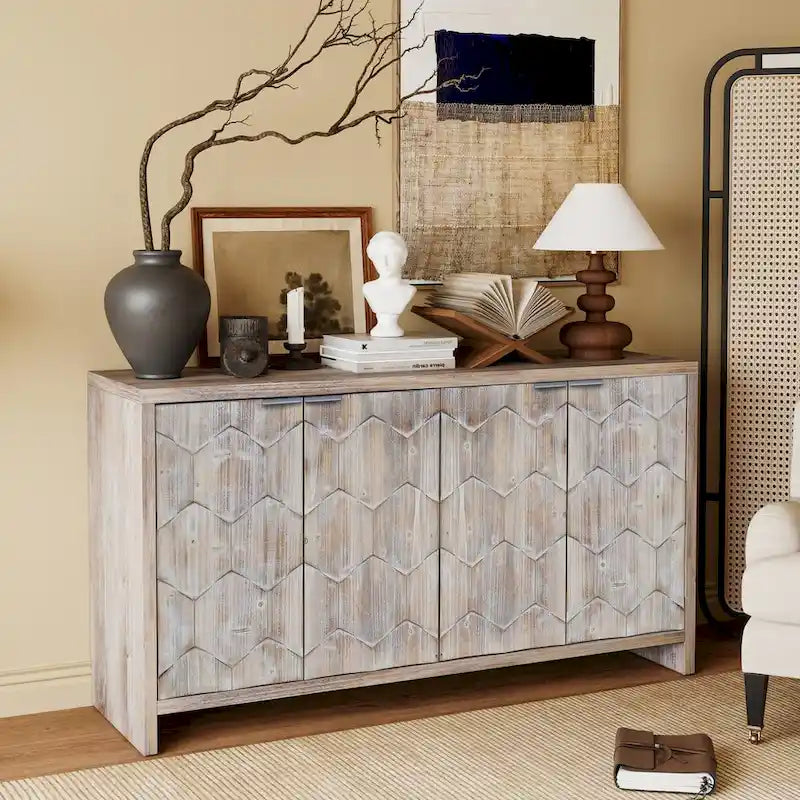 Mobile Credenza a 4 Ante in Legno, Stile Rustico, Finitura Legno Naturale / Nero Anticato, Per 1 Spazio