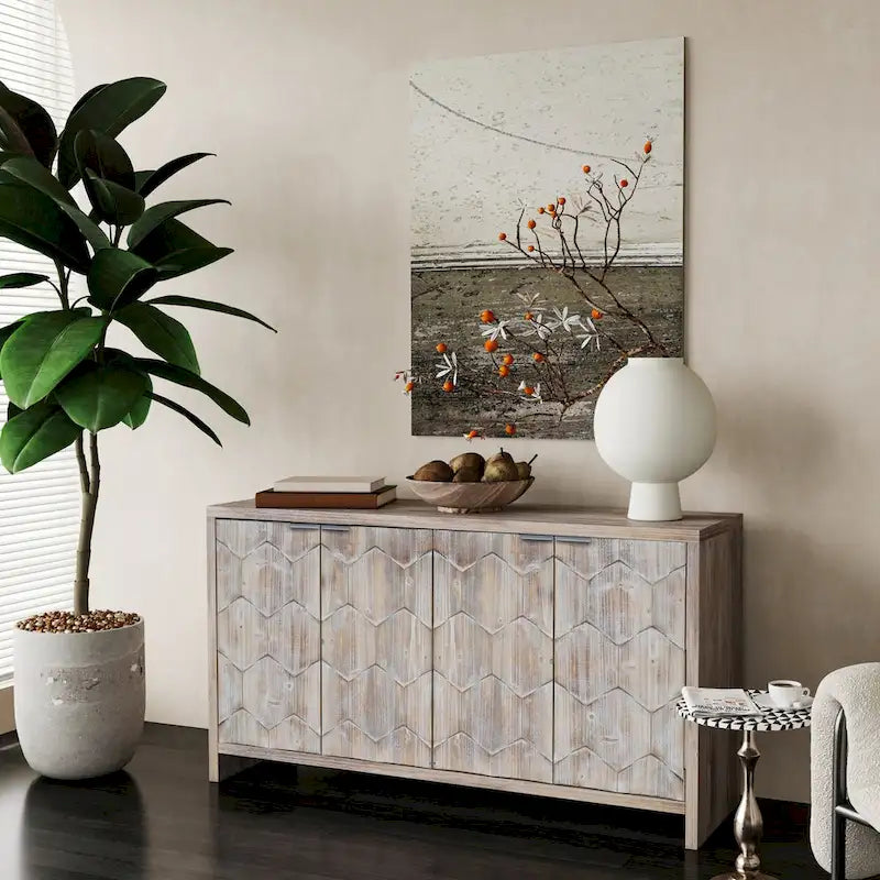 Mobile Credenza a 4 Ante in Legno, Stile Rustico, Finitura Legno Naturale / Nero Anticato, Per 1 Spazio