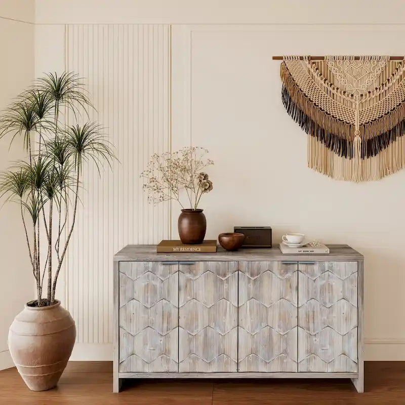 Mobile Credenza a 4 Ante in Legno, Stile Rustico, Finitura Legno Naturale / Nero Anticato, Per 1 Spazio