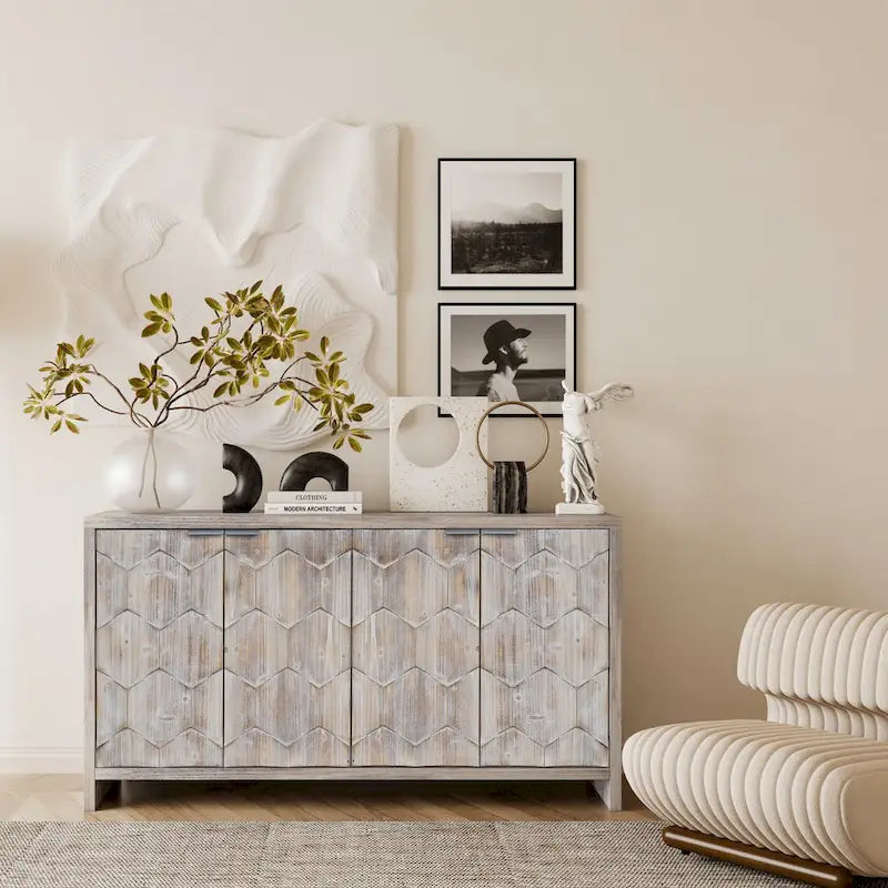 Mobile Credenza a 4 Ante in Legno, Stile Rustico, Finitura Legno Naturale / Nero Anticato, Per 1 Spazio