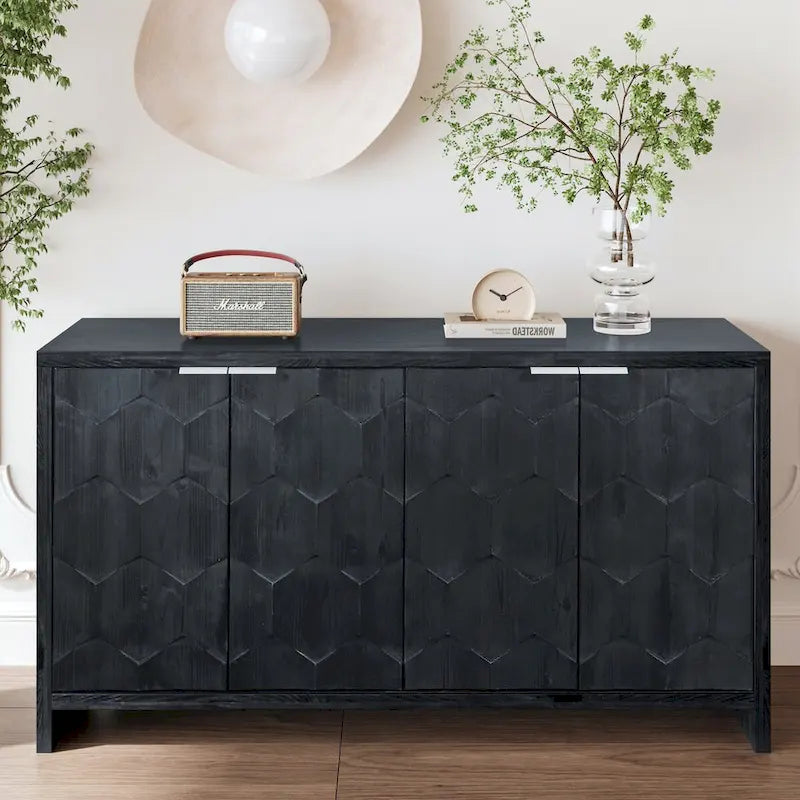 Armário aparador de madeira com 4 portas, estilo quinta, acabamento de madeira natural/preto antigo, para 1 espaço