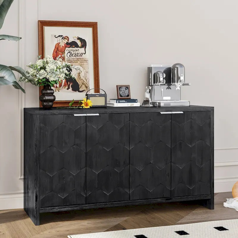 Armário aparador de madeira com 4 portas, estilo quinta, acabamento de madeira natural/preto antigo, para 1 espaço