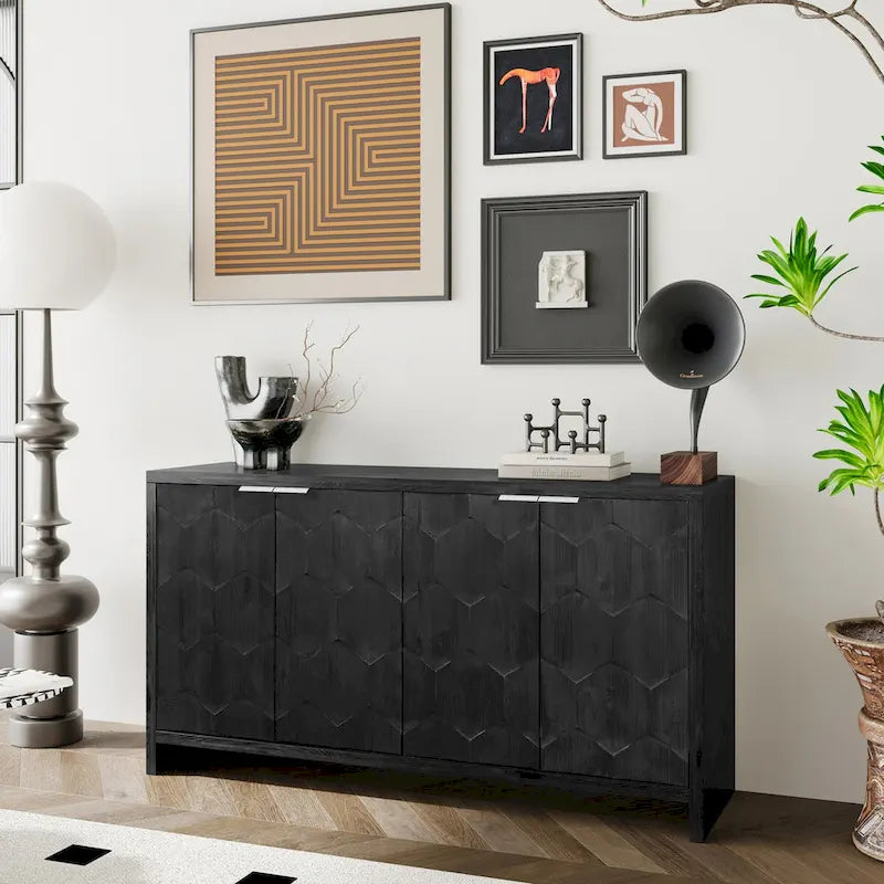 Armário aparador de madeira com 4 portas, estilo quinta, acabamento de madeira natural/preto antigo, para 1 espaço