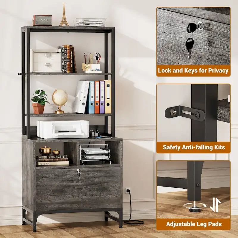 Credenza / Madia da fattoria grigia / nera con cassetti chiudibili a chiave e stazione USB – Ufficio domestico per 1 persona