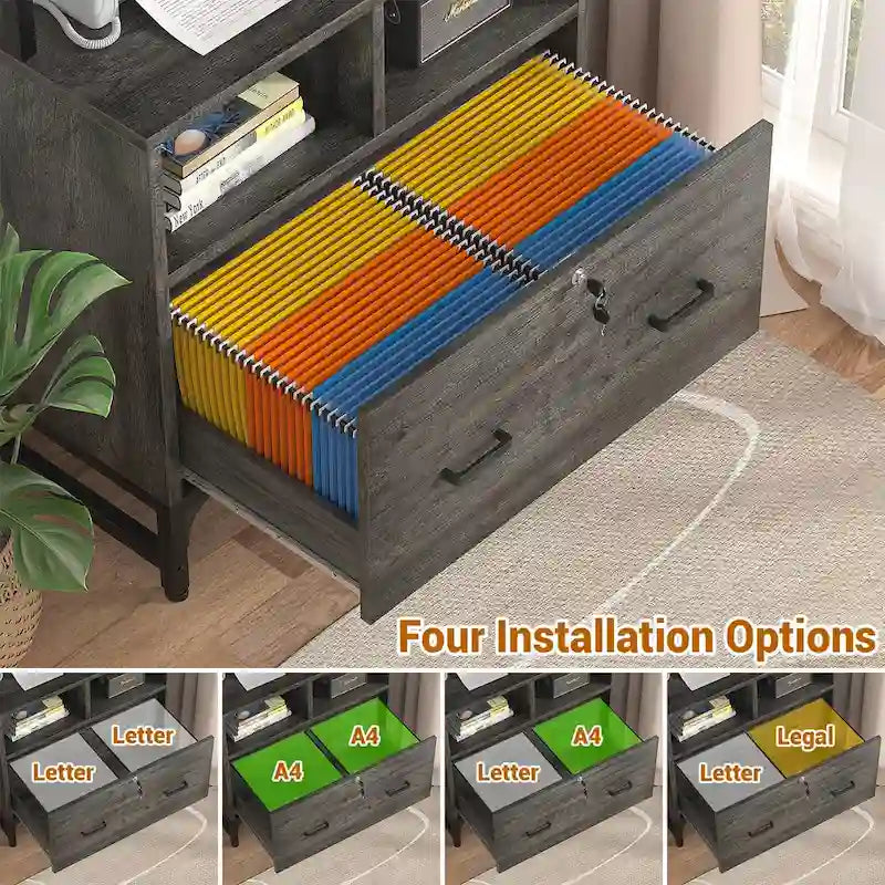 Credenza / Madia da fattoria grigia / nera con cassetti chiudibili a chiave e stazione USB – Ufficio domestico per 1 persona