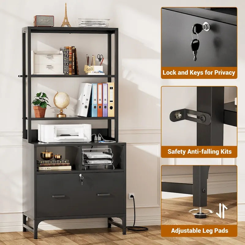 Credenza / Madia da fattoria grigia / nera con cassetti chiudibili a chiave e stazione USB – Ufficio domestico per 1 persona
