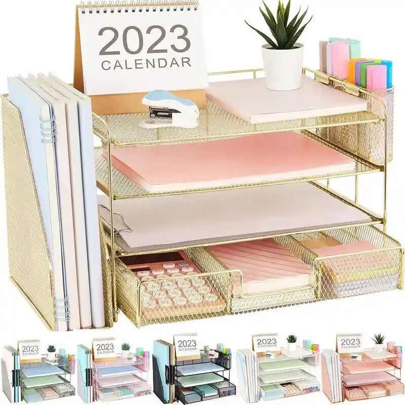 Organizzatore da scrivania in metallo a rete, Oro/Bianco/Nero/Rosa/Grigio, 4 ripiani, singolo