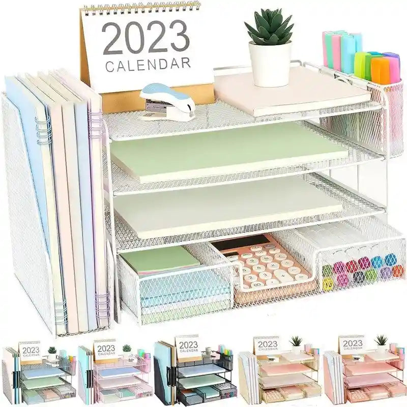 Organizzatore da scrivania in metallo a rete, Oro/Bianco/Nero/Rosa/Grigio, 4 ripiani, singolo
