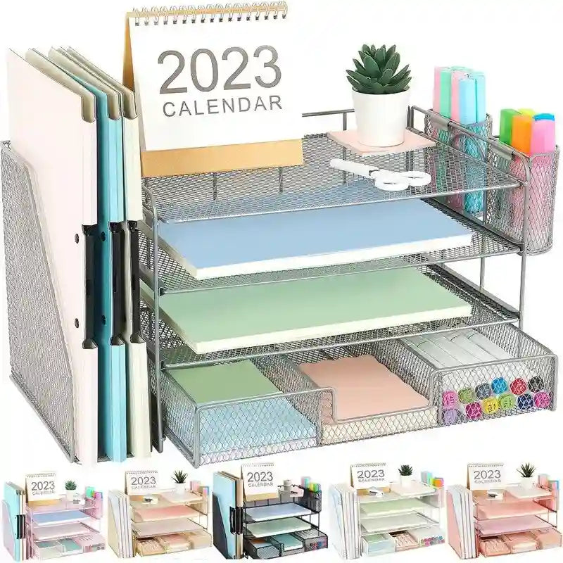 Organizzatore da scrivania in metallo a rete, Oro/Bianco/Nero/Rosa/Grigio, 4 ripiani, singolo