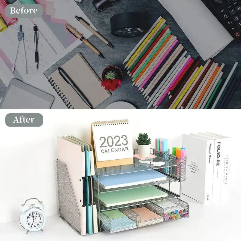 Organizzatore da scrivania in metallo a rete, Oro/Bianco/Nero/Rosa/Grigio, 4 ripiani, singolo