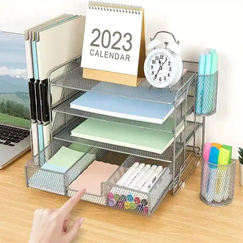 Organizzatore da scrivania in metallo a rete, Oro/Bianco/Nero/Rosa/Grigio, 4 ripiani, singolo