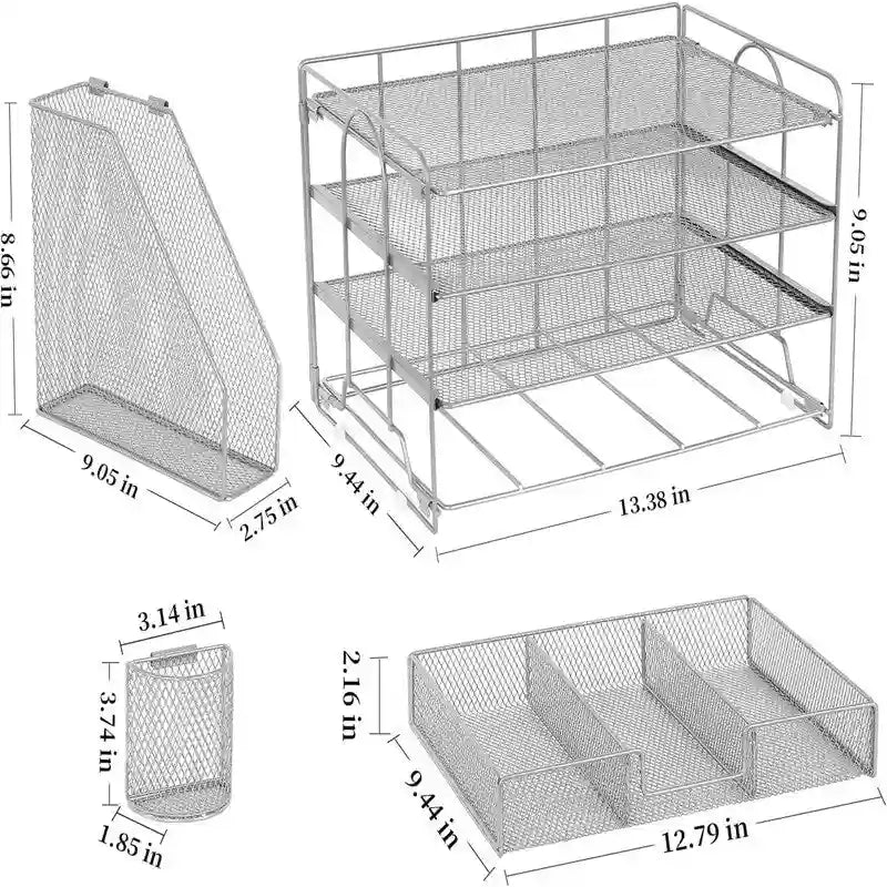 Organizzatore da scrivania in metallo a rete, Oro/Bianco/Nero/Rosa/Grigio, 4 ripiani, singolo