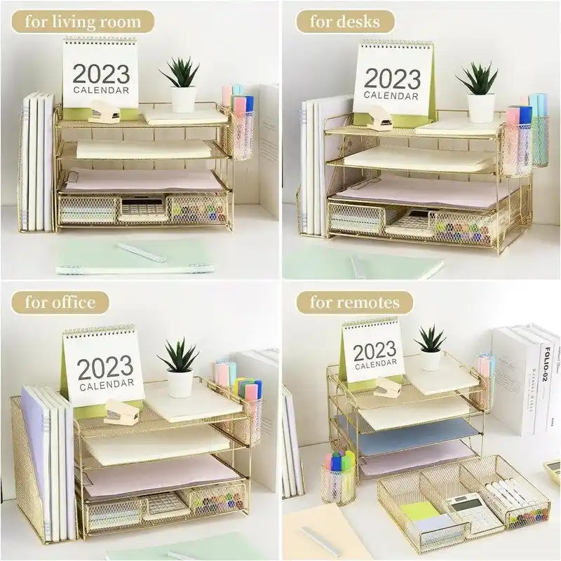 Organizzatore da scrivania in metallo a rete, Oro/Bianco/Nero/Rosa/Grigio, 4 ripiani, singolo