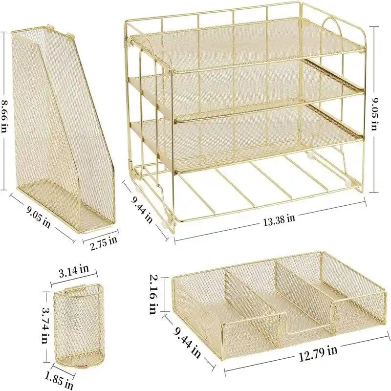 Organizzatore da scrivania in metallo a rete, Oro/Bianco/Nero/Rosa/Grigio, 4 ripiani, singolo