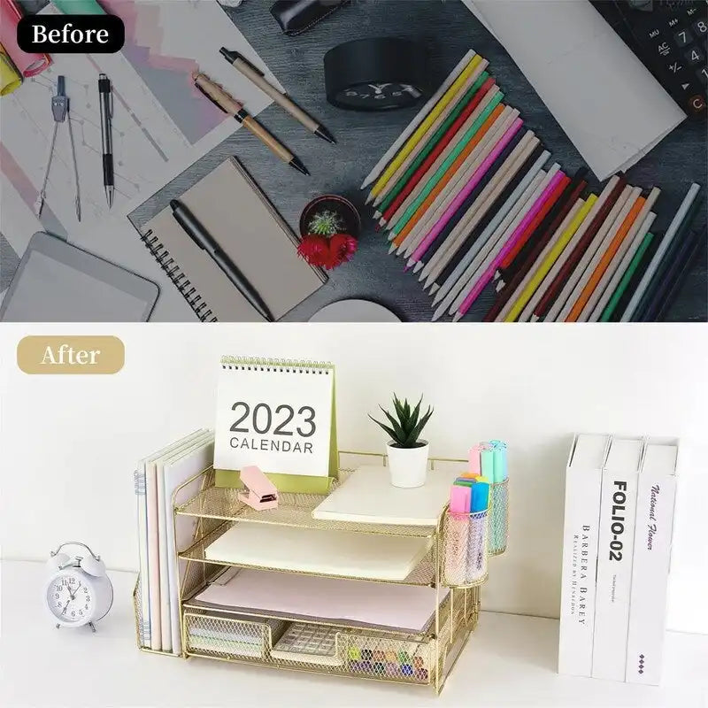Organizzatore da scrivania in metallo a rete, Oro/Bianco/Nero/Rosa/Grigio, 4 ripiani, singolo