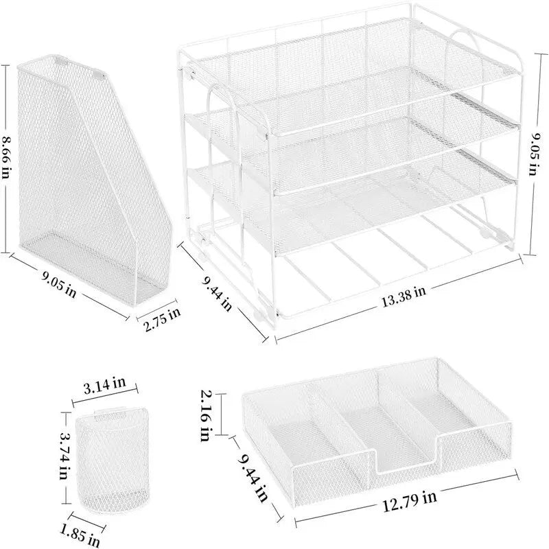 Organizzatore da scrivania in metallo a rete, Oro/Bianco/Nero/Rosa/Grigio, 4 ripiani, singolo