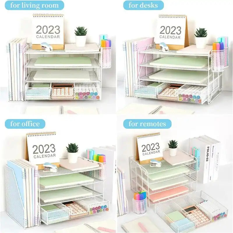 Organizzatore da scrivania in metallo a rete, Oro/Bianco/Nero/Rosa/Grigio, 4 ripiani, singolo