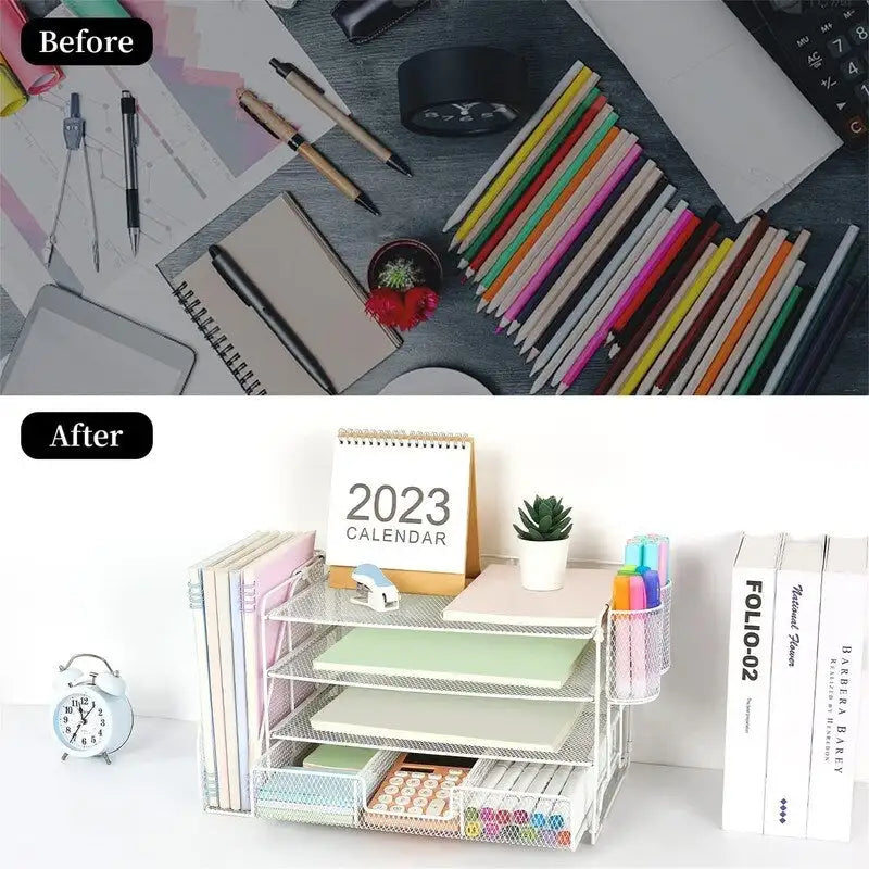 Organizzatore da scrivania in metallo a rete, Oro/Bianco/Nero/Rosa/Grigio, 4 ripiani, singolo