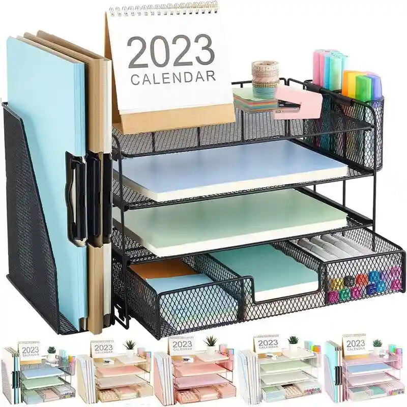 Organizzatore da scrivania in metallo a rete, Oro/Bianco/Nero/Rosa/Grigio, 4 ripiani, singolo