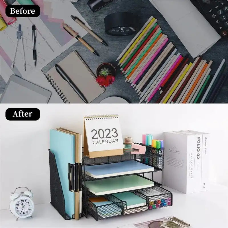 Organizzatore da scrivania in metallo a rete, Oro/Bianco/Nero/Rosa/Grigio, 4 ripiani, singolo