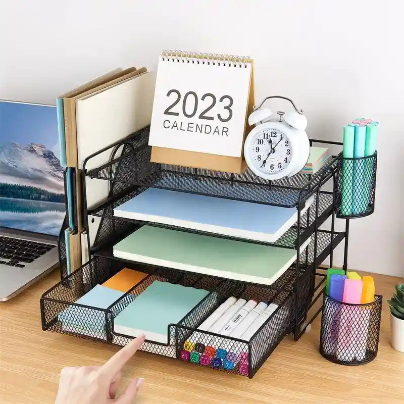 Organizzatore da scrivania in metallo a rete, Oro/Bianco/Nero/Rosa/Grigio, 4 ripiani, singolo