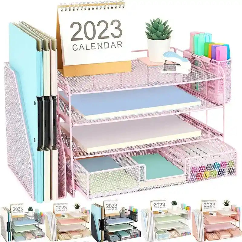 Organizzatore da scrivania in metallo a rete, Oro/Bianco/Nero/Rosa/Grigio, 4 ripiani, singolo