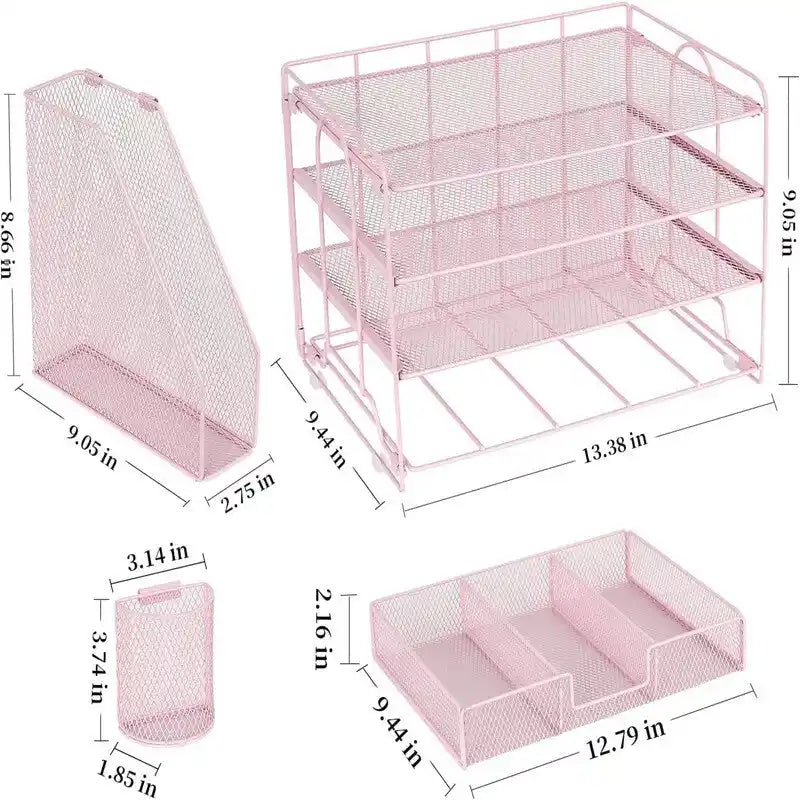 Organizzatore da scrivania in metallo a rete, Oro/Bianco/Nero/Rosa/Grigio, 4 ripiani, singolo