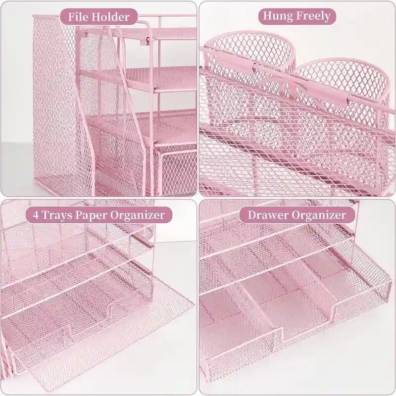 Organizzatore da scrivania in metallo a rete, Oro/Bianco/Nero/Rosa/Grigio, 4 ripiani, singolo