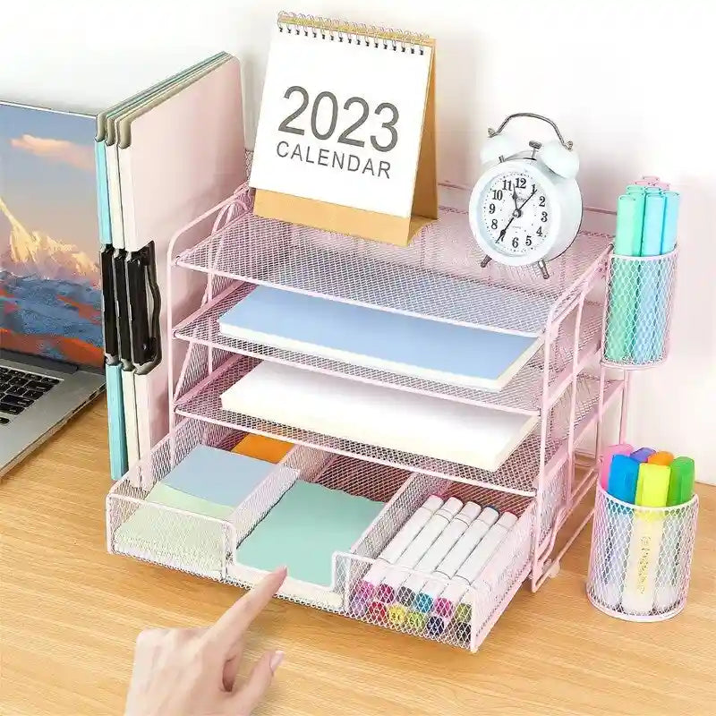 Organizzatore da scrivania in metallo a rete, Oro/Bianco/Nero/Rosa/Grigio, 4 ripiani, singolo