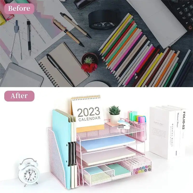 Organizzatore da scrivania in metallo a rete, Oro/Bianco/Nero/Rosa/Grigio, 4 ripiani, singolo