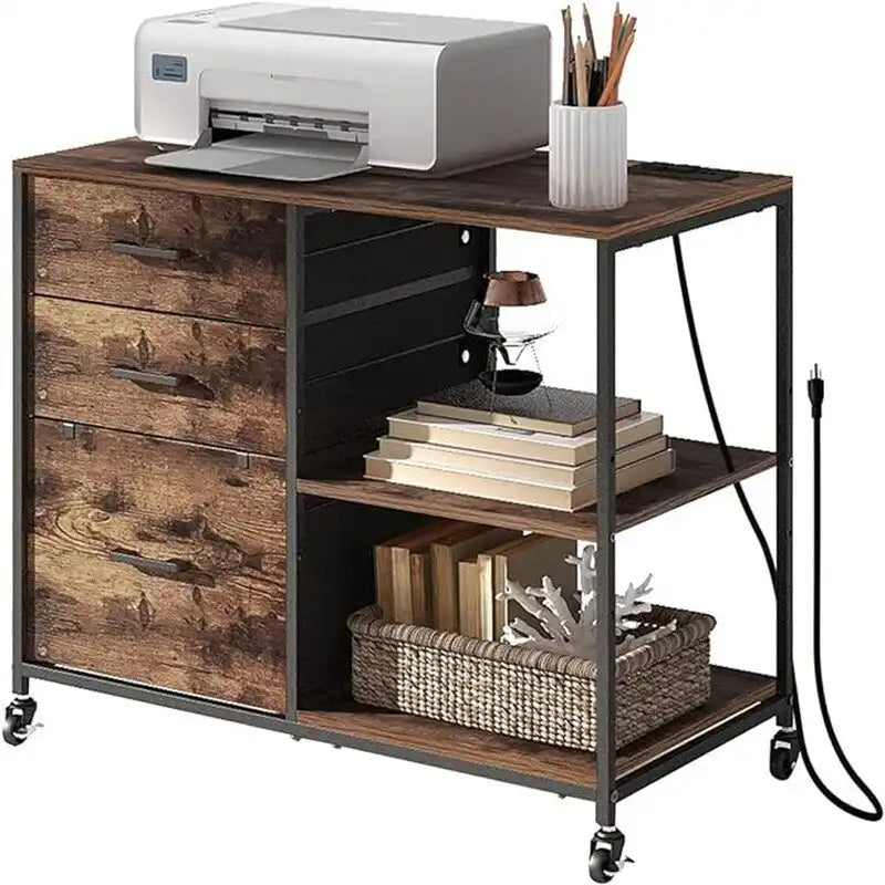 Armadietto classificatore mobile con finitura in legno marrone e prese di corrente – 80 cm L x 40 cm P x 67 cm A, 1 persona