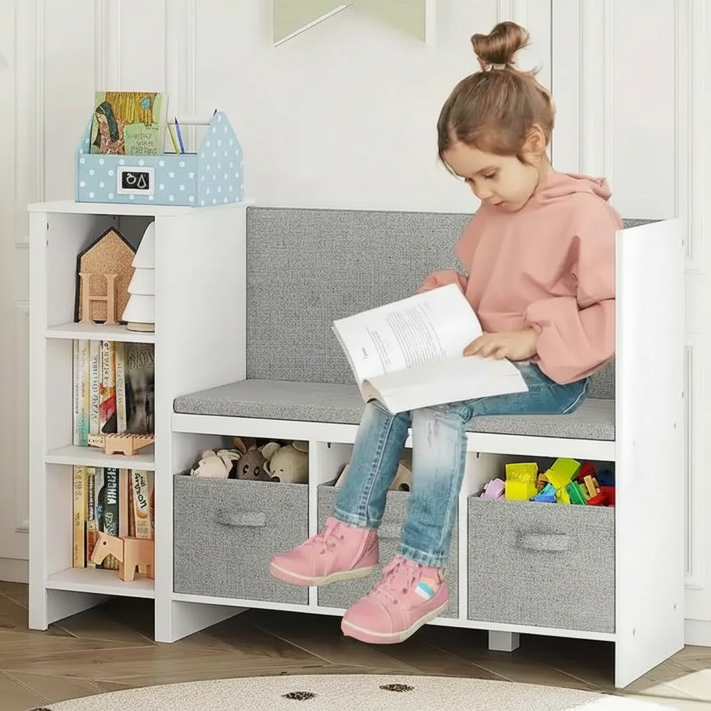 Panca Libreria Bianca per Bambini con Angolo Lettura, Verniciata, 1 Bambino