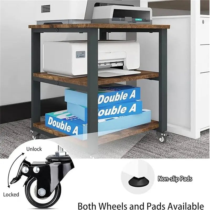 Carrello Stampante Rotante a 3 Livelli, Retrò/Nero/Bianco, 50×50×57,5 cm, Montaggio 1 Persona