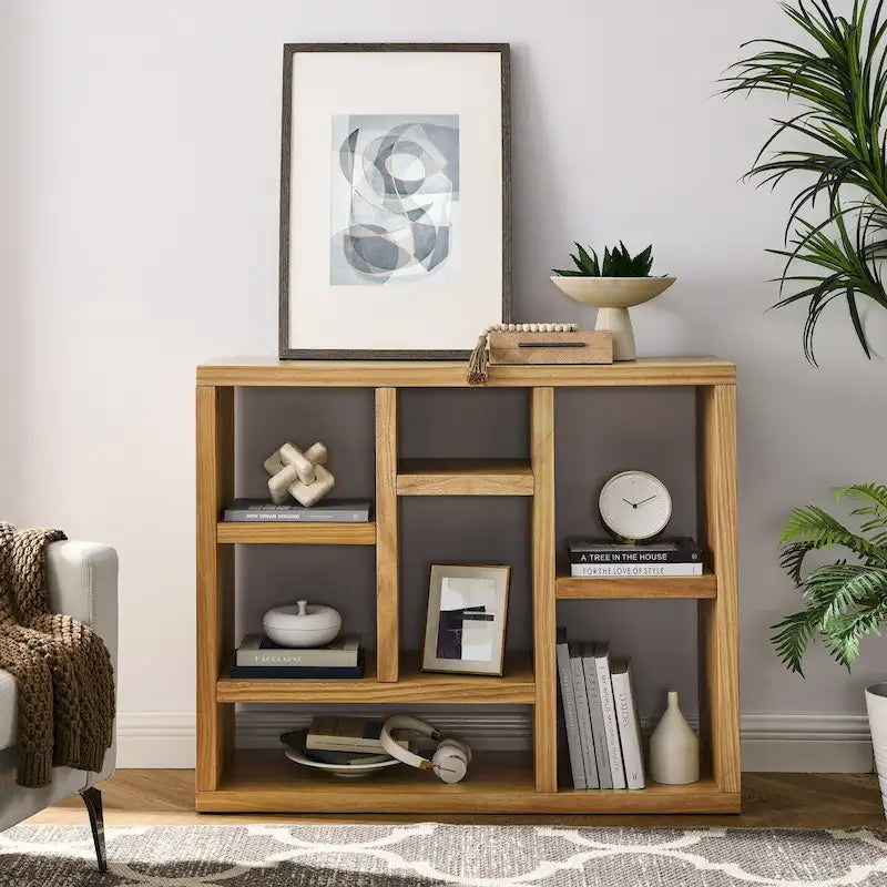 Libreria aperta a 7 cubi Nera / Legno Naturale, Scaffale da esposizione a terra