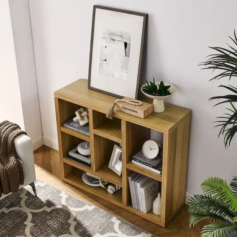 Libreria aperta a 7 cubi Nera / Legno Naturale, Scaffale da esposizione a terra