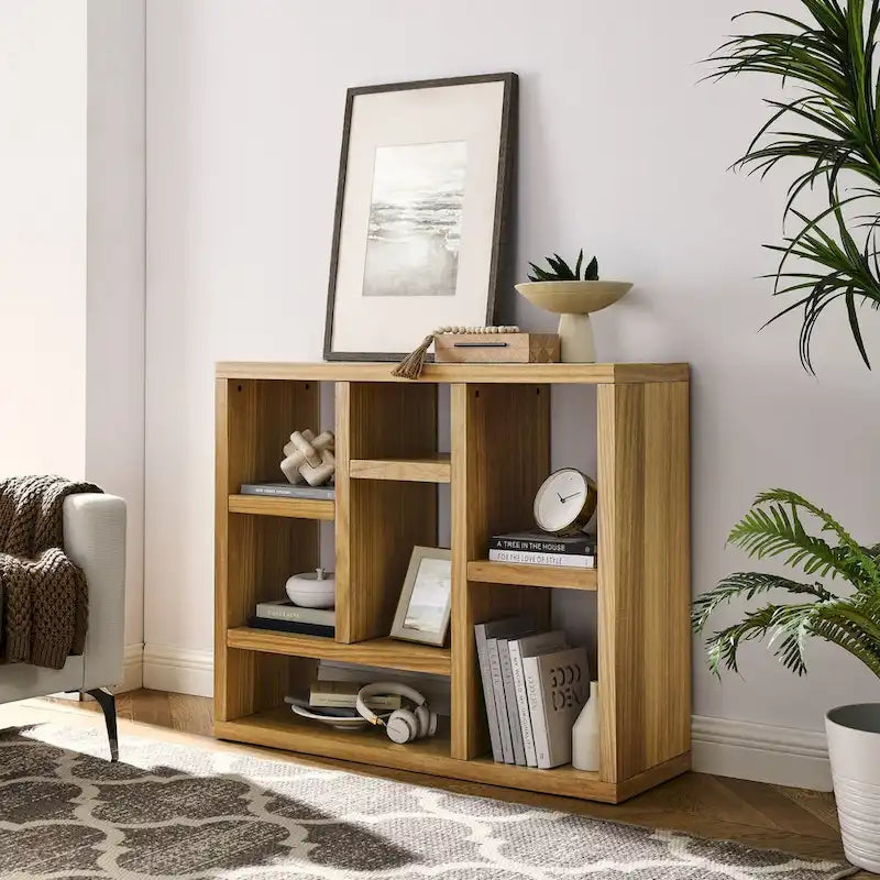 Libreria aperta a 7 cubi Nera / Legno Naturale, Scaffale da esposizione a terra