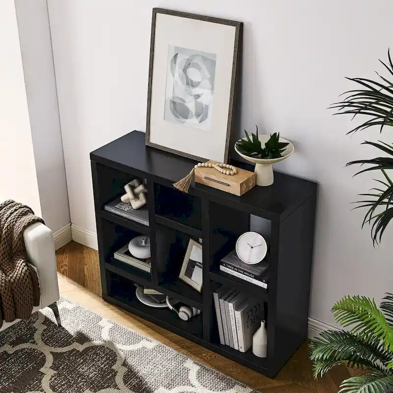 Libreria aperta a 7 cubi Nera / Legno Naturale, Scaffale da esposizione a terra