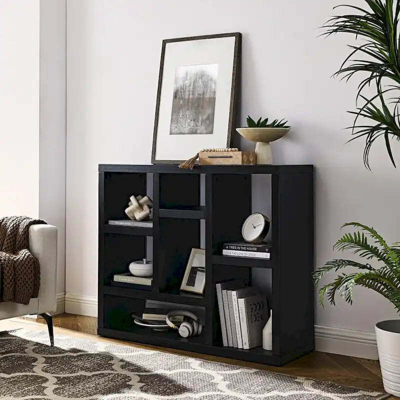 Libreria aperta a 7 cubi Nera / Legno Naturale, Scaffale da esposizione a terra