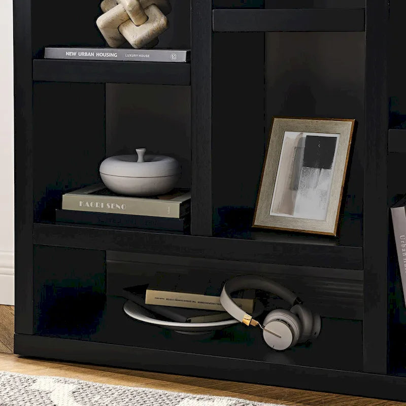 Libreria aperta a 7 cubi Nera / Legno Naturale, Scaffale da esposizione a terra