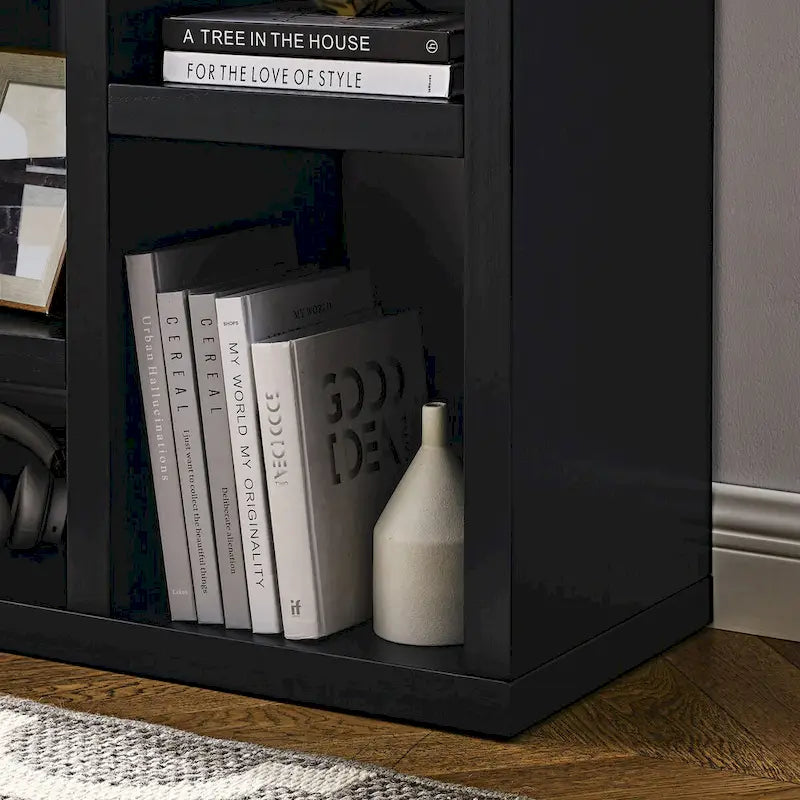Libreria aperta a 7 cubi Nera / Legno Naturale, Scaffale da esposizione a terra