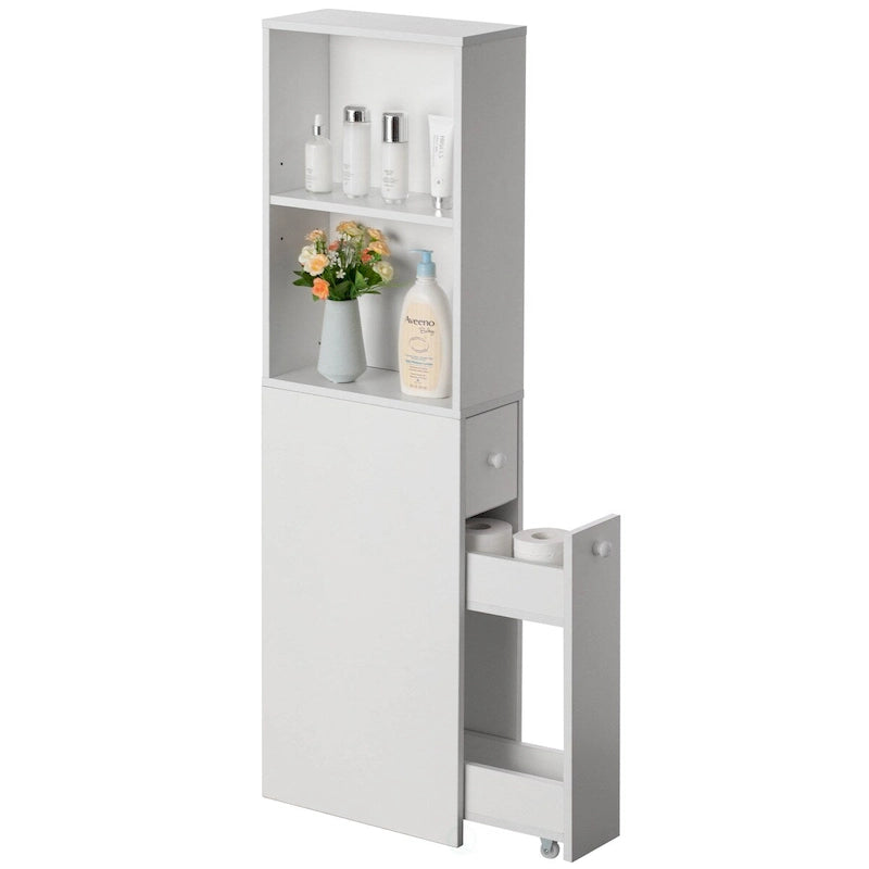 Mobile bagno a colonna sottile bianco da terra con cassetti e ripiano regolabile