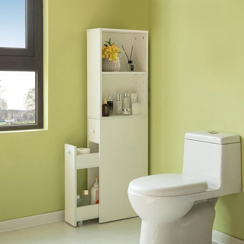 Mobile bagno a colonna sottile bianco da terra con cassetti e ripiano regolabile