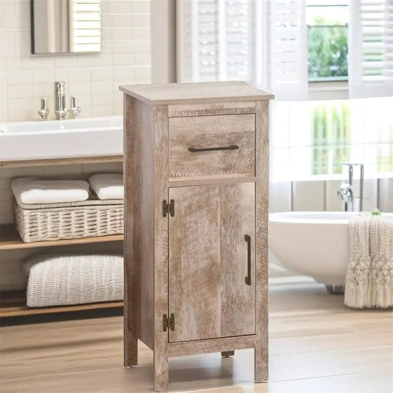 Mobiletto da bagno marrone retrò effetto venatura del legno con cassetto e ripiano regolabile, montaggio a 1 persona