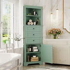 Armadietto da bagno verde in legno alto 175 cm, 1 anta con 3 cassetti e ripiano regolabile