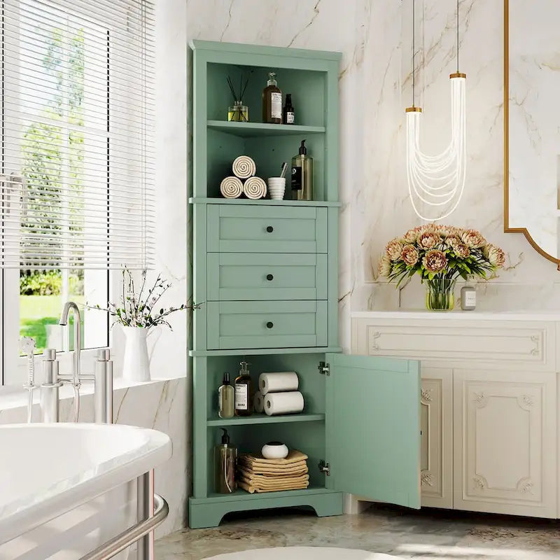Armadietto da bagno verde in legno alto 175 cm, 1 anta con 3 cassetti e ripiano regolabile